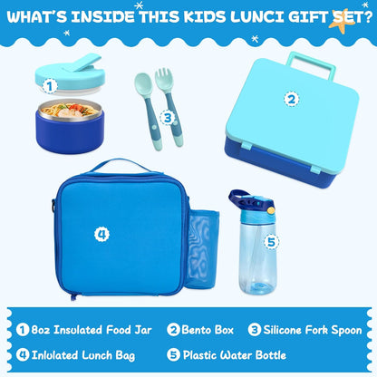 Kids Bento Lunch Box with 8oz Soup Thermo, Water Bottle, Kids Leakproof Lunch Food Containers with 4 Compartment, Insulated Hot Food Jar with Lunch Bag for School, Trvael (Black)