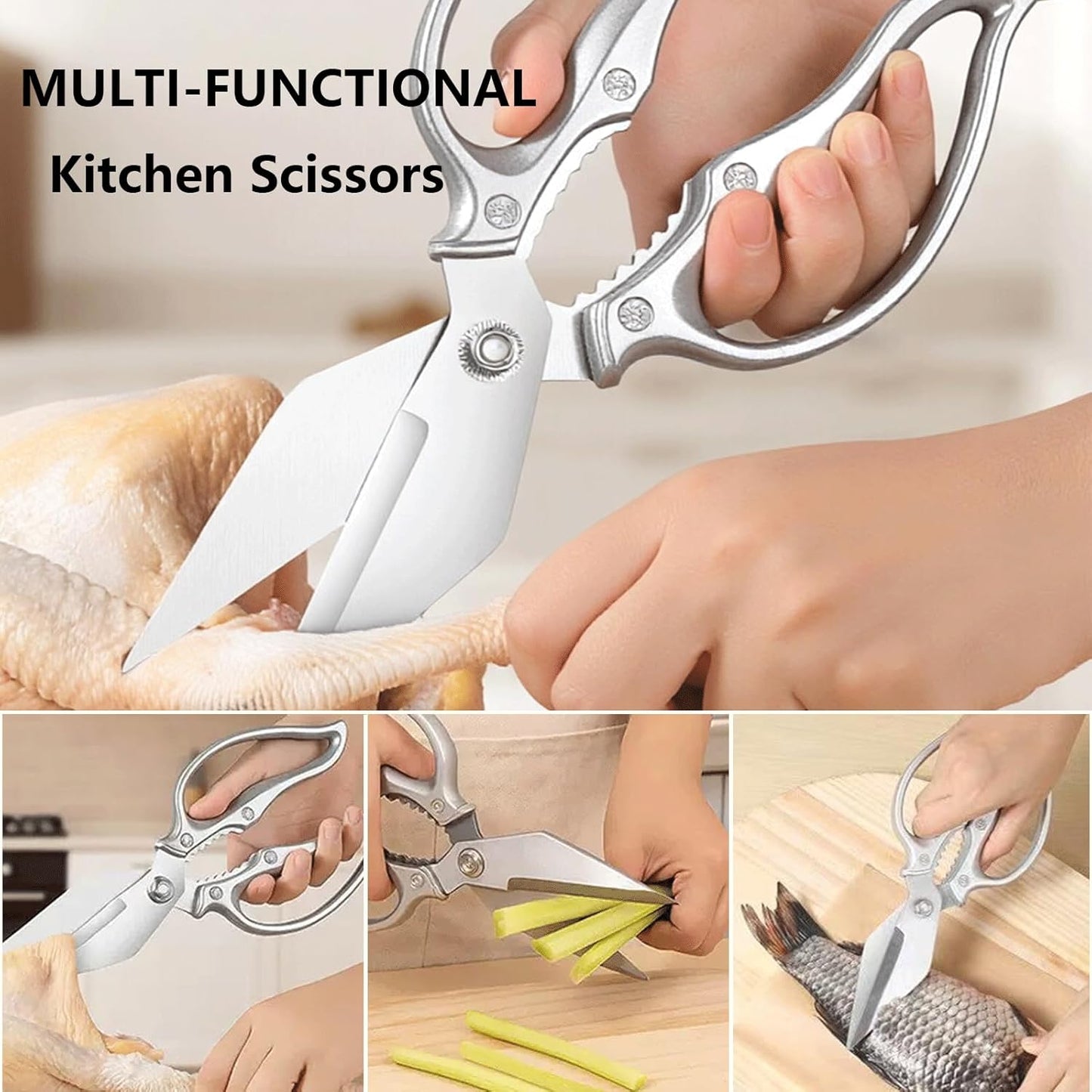 Kitchen Shears Heavy Duty Kitchen Scissors Stainless Steel Sharp Cooking Shears for Chicken Meat Poultry Fish Vegetables Multipurpose Utility Food Kitchen Scissors, Gifts for Women（Sliver）