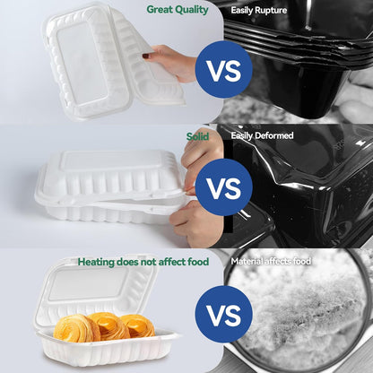 Food Containers 7.8" 30 oz 65 Pack - BPA Free Mineral Filled PP Plastic | 3 Compartment Shrink Wrap Clamshell Stackable | Reusable Freezer & Microwave Safe | White Commercial Takeout Boxes