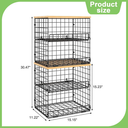 4 Pack Stackable Wire Baskets for Pantry Organizers and Storage, Pantry Baskets with Fixed Wooden Top, Fruit and Vegetable Storage Bins for Organizing Onion Potato Snack for Kitchen Cabinet/Countertop