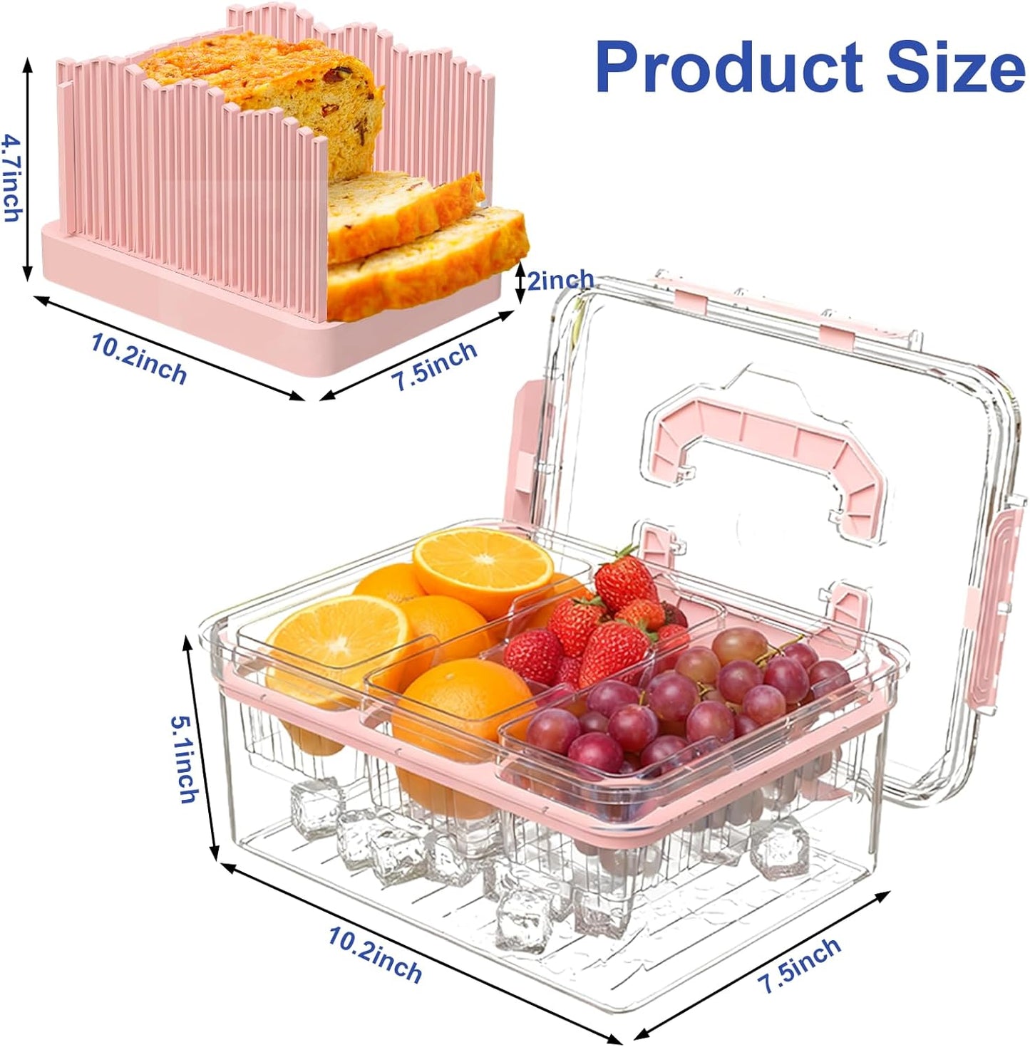 Sorgion Ice Chilled Condiment Caddy with Portable Handle, 5 Compartment Serving Tray with Built-in Bread Slicer and Ice Chamber, Clear Garnish Tray for Bar, Taco Party, BBQ, Picnic & Fruit Pink