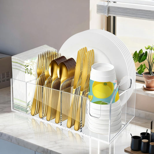 Acrylic Paper Plate Organizer, Utensil Silverware Caddy, Used For Storing Plates, Cups, Napkins, Small Snacks And Tableware - Suitable For Home, Party, Camping And Picnic