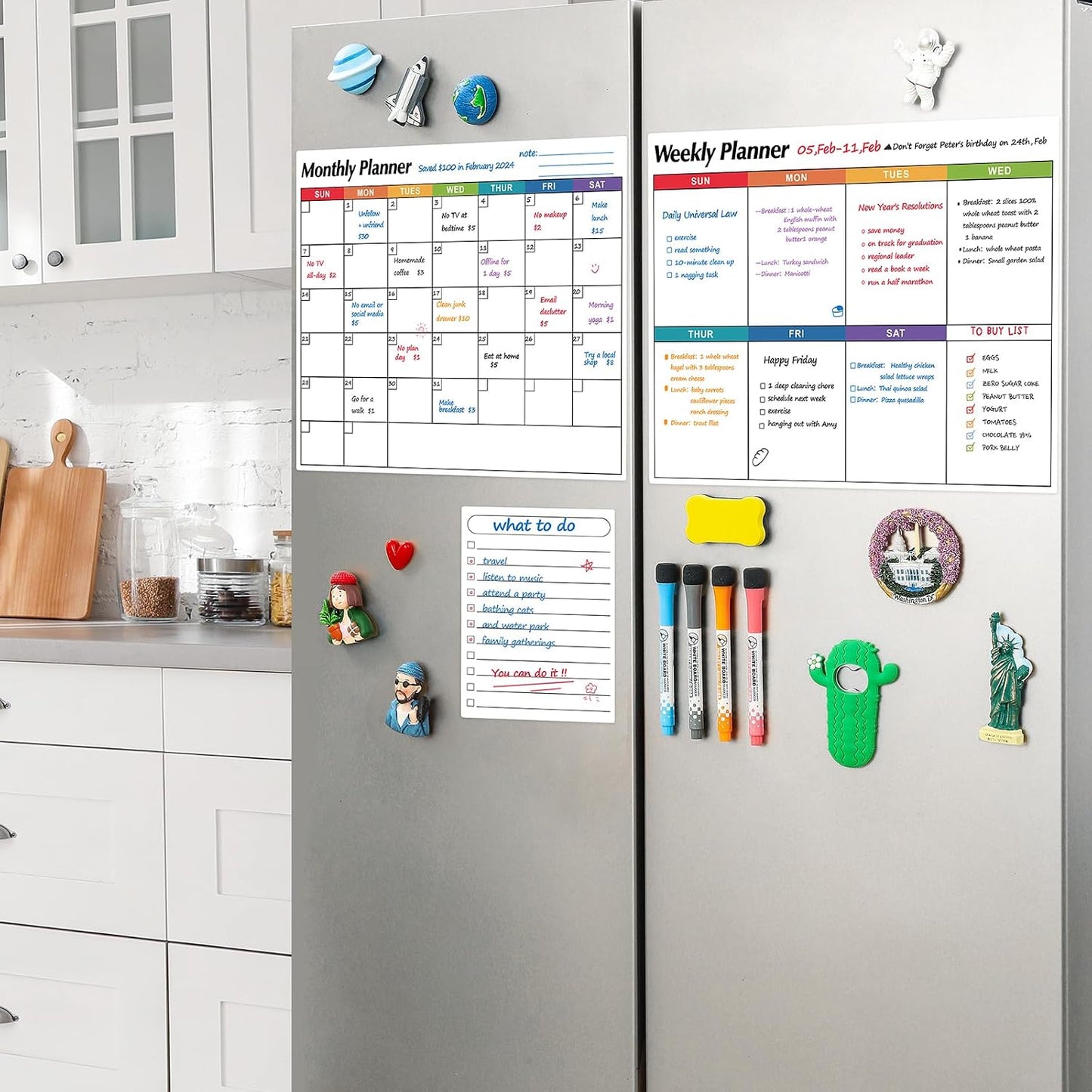 Dry Erase Magnetic Calendar for Refrigerator, 3 Pack- Monthly & Weekly & Daily Planner Magnet Whiteboard for Fridge Wall Door - Shopping, Meal/Menu, to Do List, Family Schedule Planning Board (C)