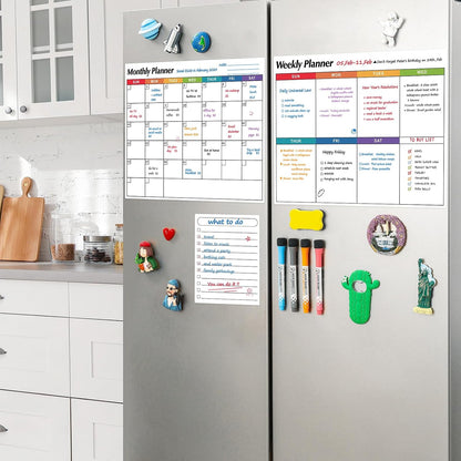 Dry Erase Magnetic Calendar for Refrigerator, 3 Pack- Monthly & Weekly & Daily Planner Magnet Whiteboard for Fridge Wall Door - Shopping, Meal/Menu, to Do List, Family Schedule Planning Board (C)