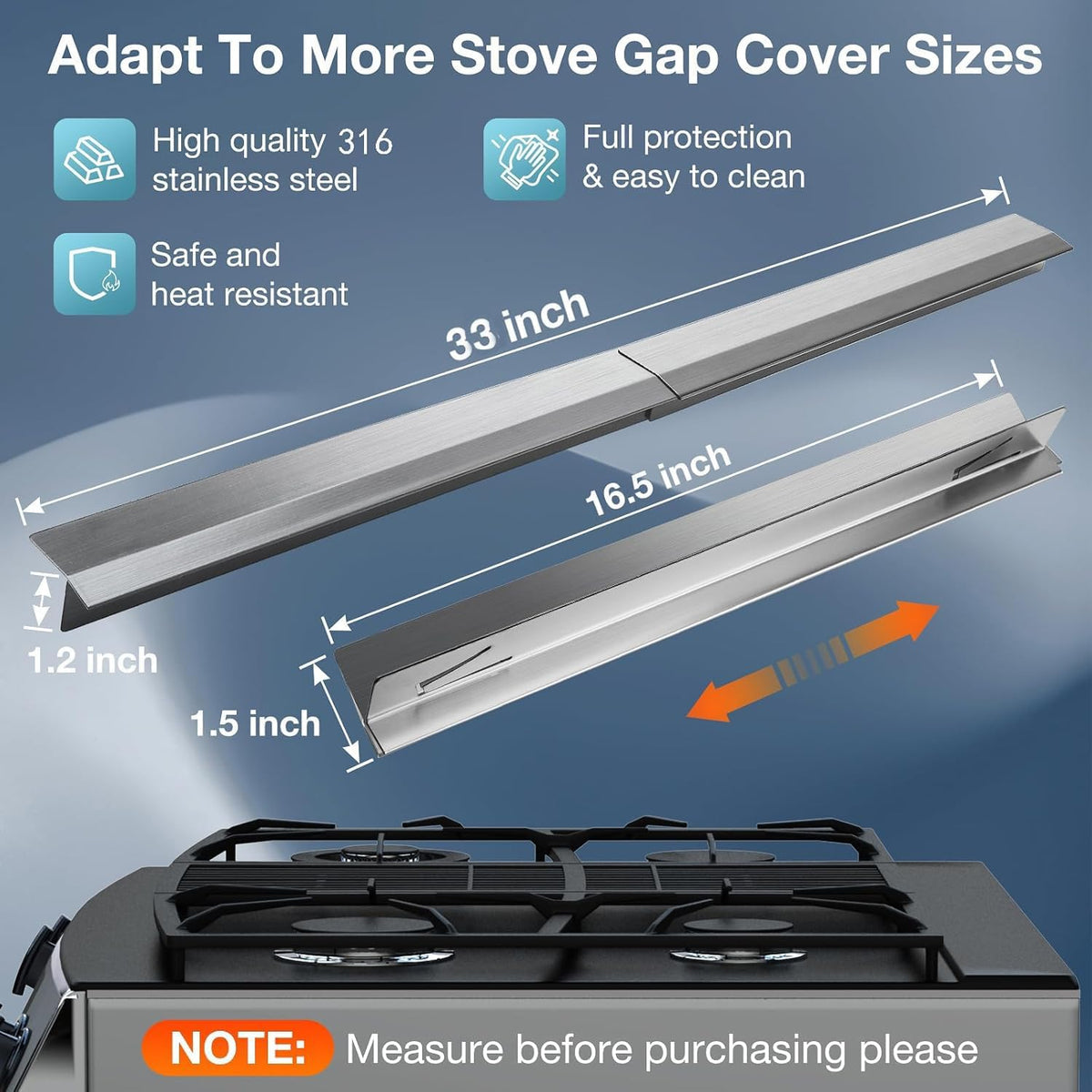 2PCS Kitchen Stove Counter Gap Covers Stainless Steel (13.8"-27.5" Silver)