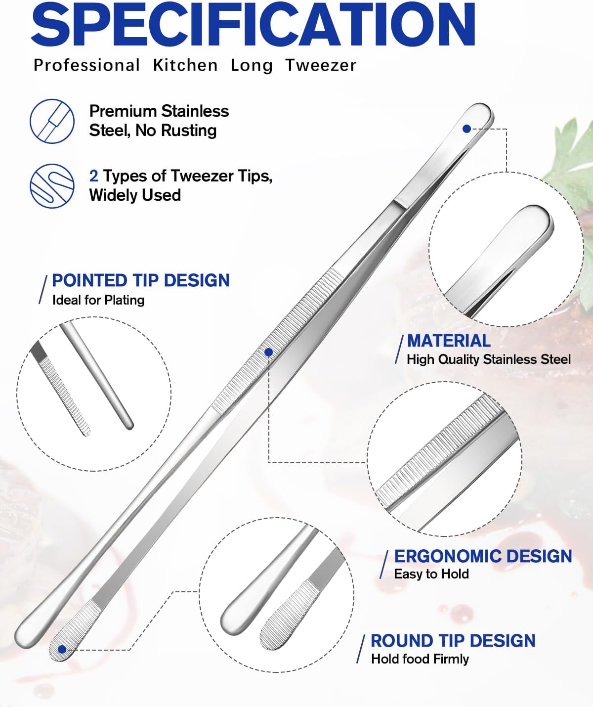 2 Pcs 10-Inch Kitchen Tweezers Fine Tweezer Tongs, Stainless Steel Professional Long Cooking Tweezers for BBQ, Sea Food, Repairing and Serving (SILVER)