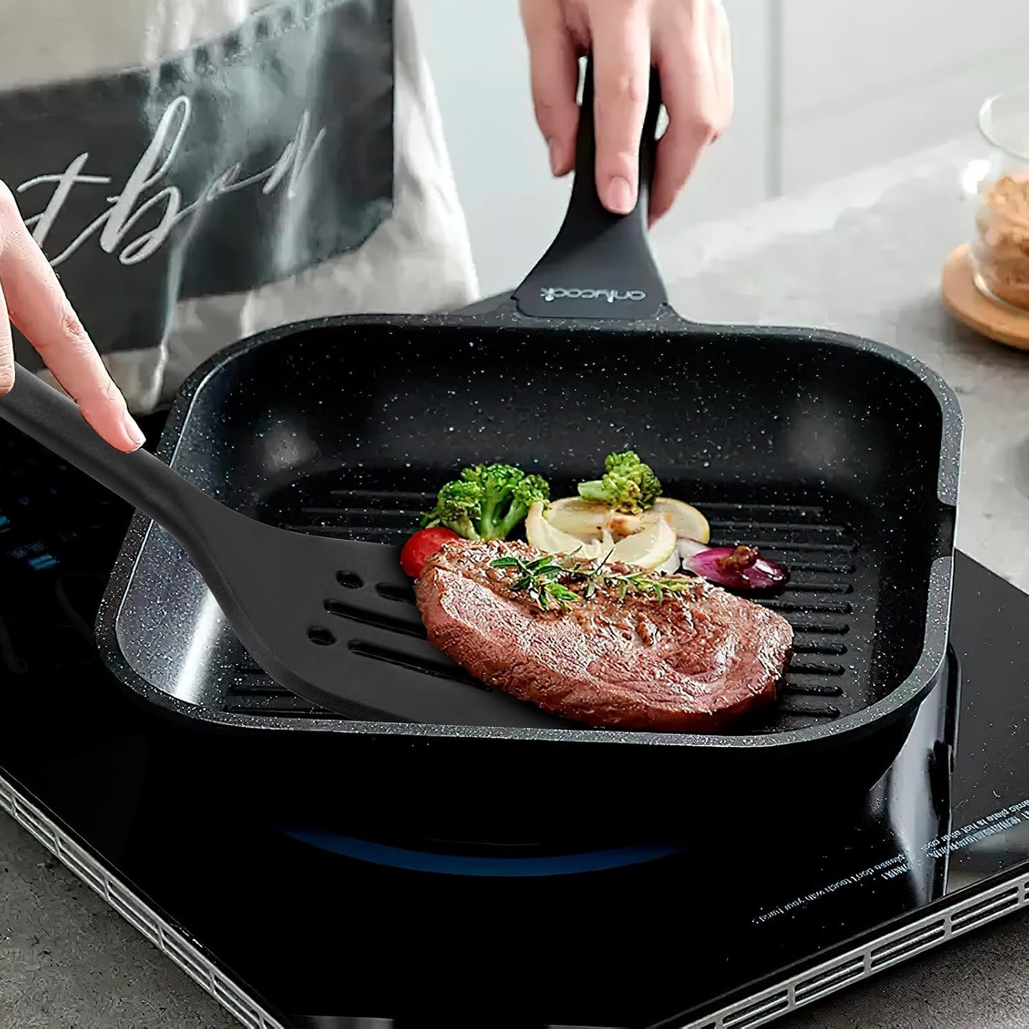 Silicone Kitchen Cooking Utensils Set: MOACC Heat Resistant 13inch Long Kitchen Gadgets, BPA Free Non Stick Rubber Cook Accessories For Food Prep, Frying, Serving, Basting (Light Grey)