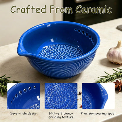 Grater Plate, 3 in 1 Handmade Tool Ceramic Bowl with Herb Stripper (Gray)