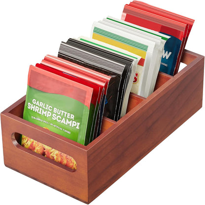 DRASTAR Pantry Organization and Storage Bins, Large Snack Organizer with Removable Dividers, Wooden Storage Caddy for Kitchen, Pantry, Cabinet, Countertop, Black