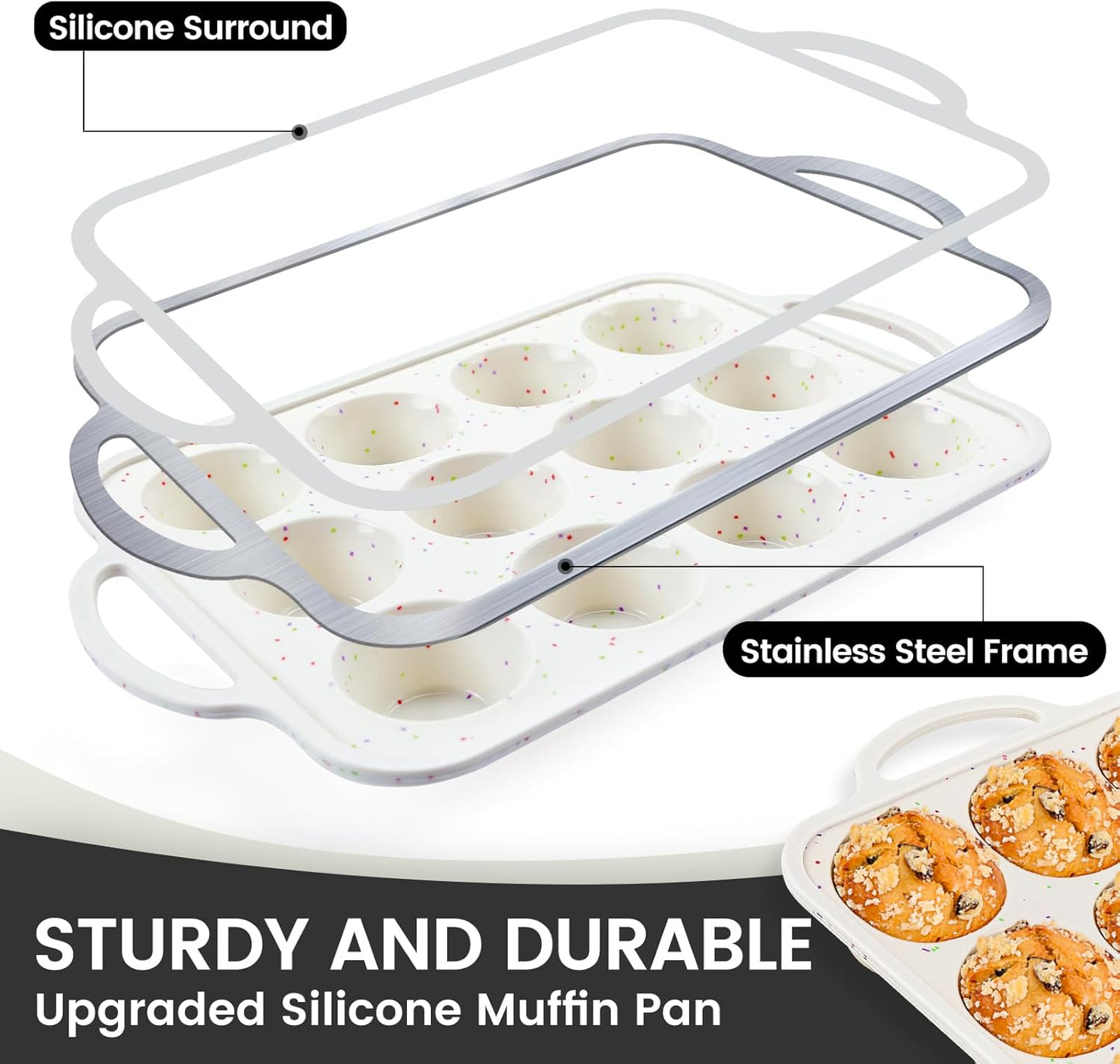 Vinino 2Pack Silicone Muffin Pan for Baking with Metal Reinforced Frame, 12 Cup Regular Size Cupcake Pan, BPA Free Silicone Muffin Tray, Cupcake Baking Pan Bite Molds for Oven Dishwasher Safe
