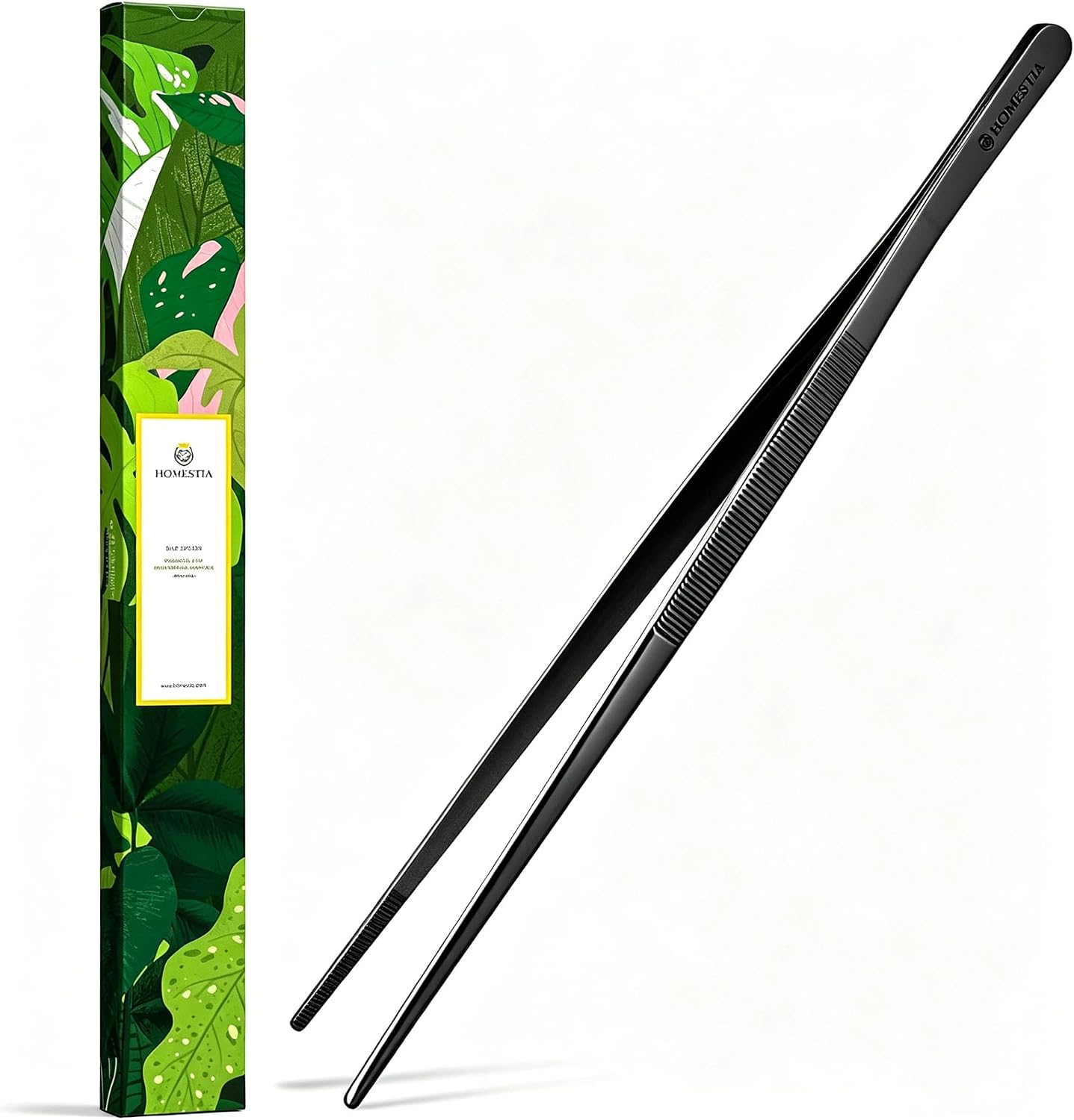 Homestia 12" Kitchen Tweezers Fine Tweezer Tongs, Extra-Long 304 Stainless Steel Cooking Tweezers, Multi-function Metal Tongs with Precision Serrated Tips for Chef, Cocktail, Serving Food, BBQ Gold