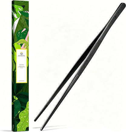 Homestia 12" Kitchen Tweezers Fine Tweezer Tongs, Extra-Long 304 Stainless Steel Cooking Tweezers, Multi-function Metal Tongs with Precision Serrated Tips for Chef, Cocktail, Serving Food, BBQ Gold