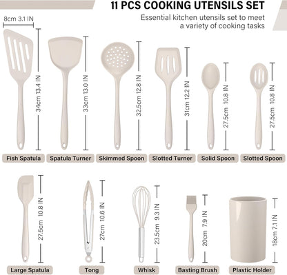 HaWare 11 PCS Silicone Cooking Utensils Set, Heat Resistant Kitchen Utensils with Holder, Food-grade Spatula Sets for Nonstick Cookware, Kitchen Tools Gadgets Include Fish Turner, Spoon (Black)