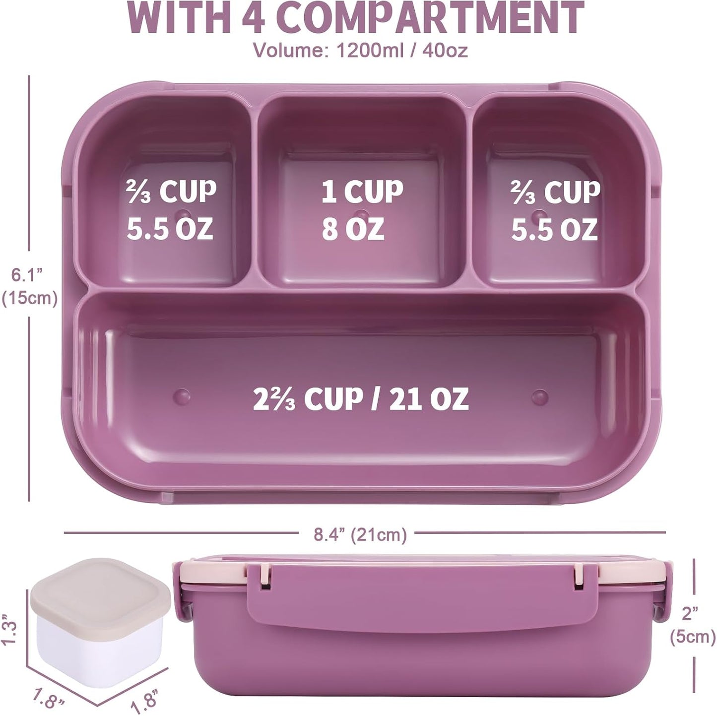 Bento Box Adult Lunch Box, Lunch Containers for Kids Girls Boys with 4 Compartments, Lunchable Food Container with Utensils, Sauce Jar, Muffin Liners, 40 Oz/5 Cup, Microwave Safe, Lavender