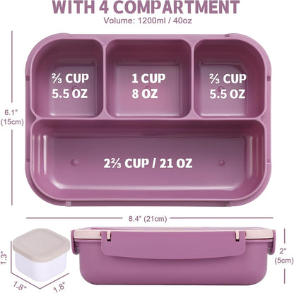 Bento Box Adult Lunch Box, Lunch Containers for Kids Girls Boys with 4 Compartments, Lunchable Food Container with Utensils, Sauce Jar, Muffin Liners, 40 Oz/5 Cup, Microwave Safe, Lavender