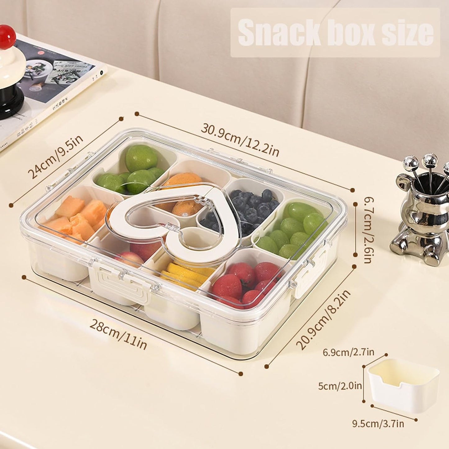Snackle Box Container Portable - Large 8-Compartment Divided Serving Tray with Lid and Handle, Grab and Go Snack Containers Reusable for Travel and Outdoor Camping, Leak-Proof, BPA-Free