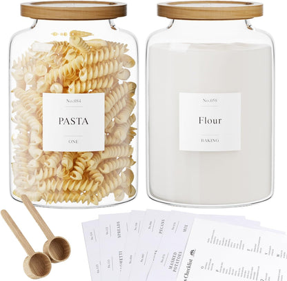 2 PCS Flour Sugar Storage Containers Glass Jar, 4000ml/1 Gallon/4.2 Qt/135oz,Large Glass Food Storage Jars with Wood Airtight Lids,for Tea,Spice,Cereal Rice Flour Pasta Sugar