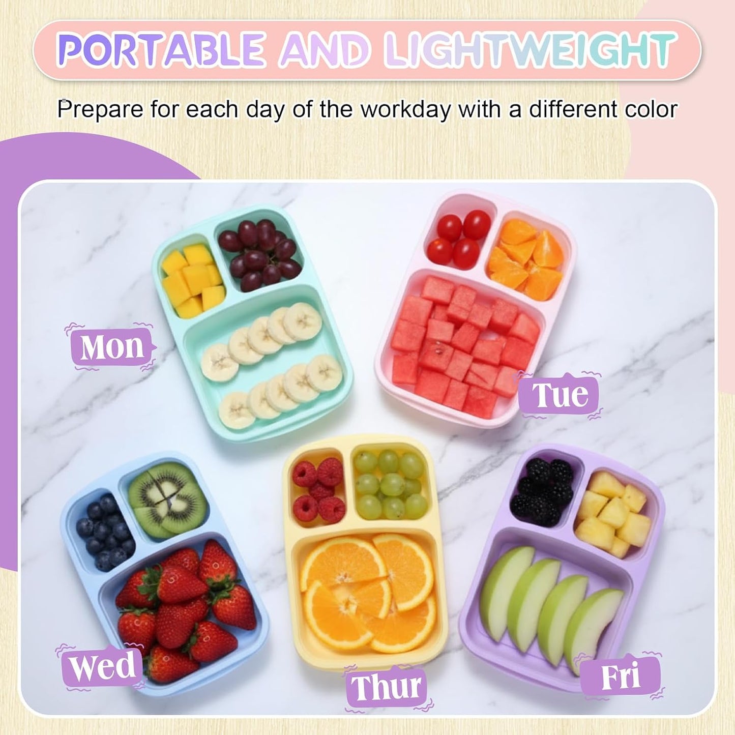 Honeydak 5 Pack Snack Containers 3 Compartment Bento Snack Boxes Divided Meal Prep Containers with Lids Reusable Adults Lunch Food Storage Box for School Work Travel(Elderberry)