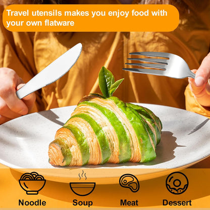 Reusable Travel Utensils with Case, 4pcs Portable Cutlery Set, Knives Fork and Spoon Set for Lunch Box, Portable Silverware Set for Travel Camping Picnic Hiking Office