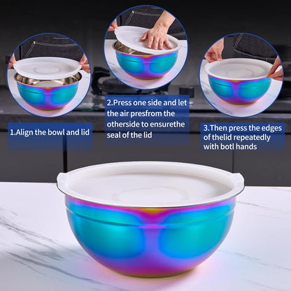Pink Mixing Bowls with Airtight Lids, Stainless Steel Nesting Mixing Bowls Set of 7, Ideal for Baking, Prepping and Serving Food, Size 7, 3.6, 2.7, 2.1, 1.5, 1.1,0.8 QT, Stackable Design