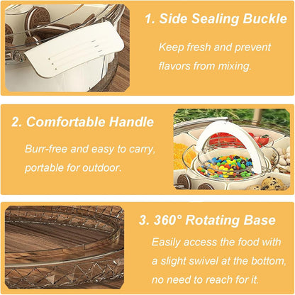 Divided Serving Tray with Lid and Handle, 360° Rotating Snackle Box Container, Stackable Storage Box for Fruit Candy Veggie Spice, Portable Organizer for Kitchen Party Travel Picnic, 10.63x2.95 Inch