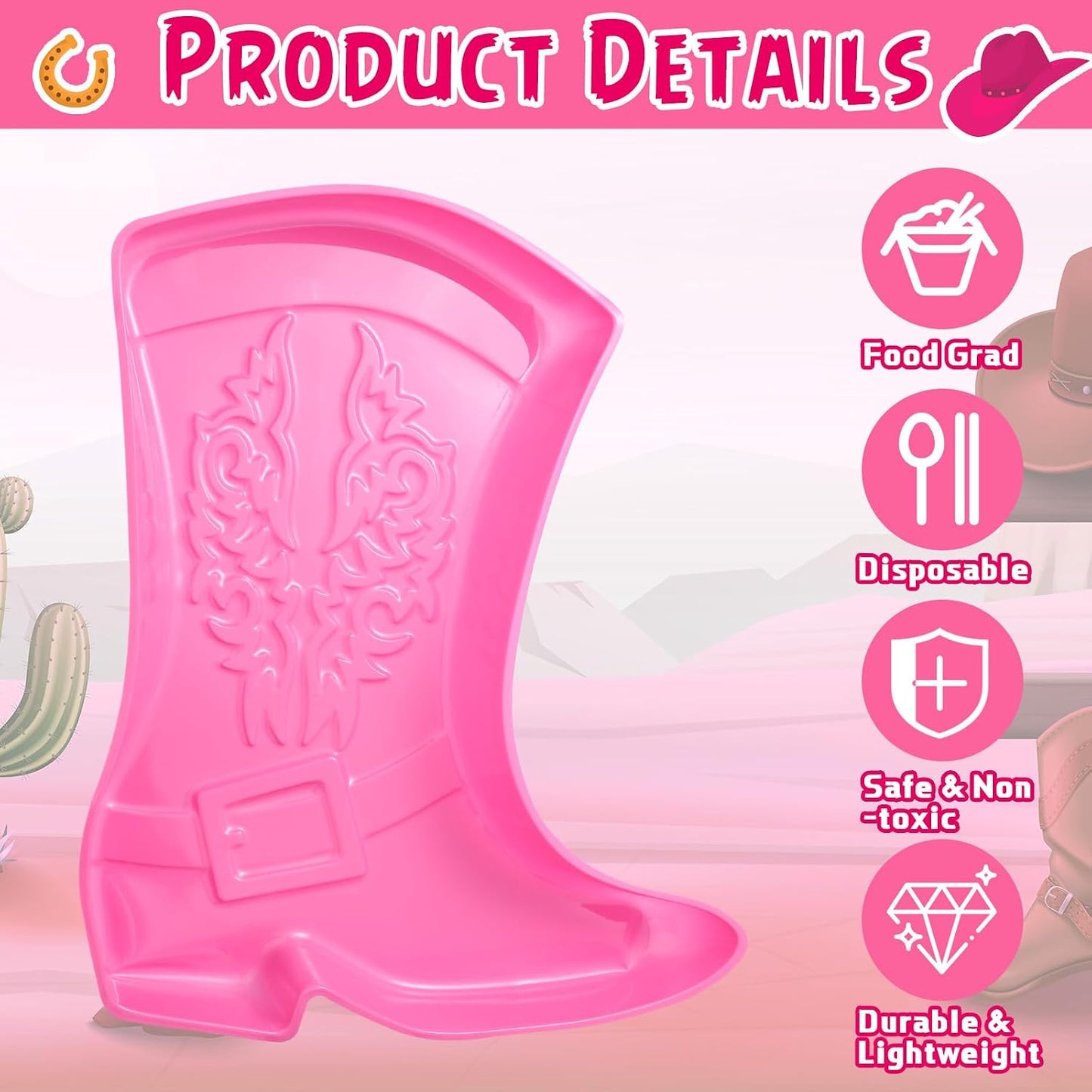 Uiifan 24 Pcs Cowboy Boot Serving Trays, Western Party Decorations Disposable Western Party Supplies Plastic Cowgirl Boot Plates for Snacks(Brown)