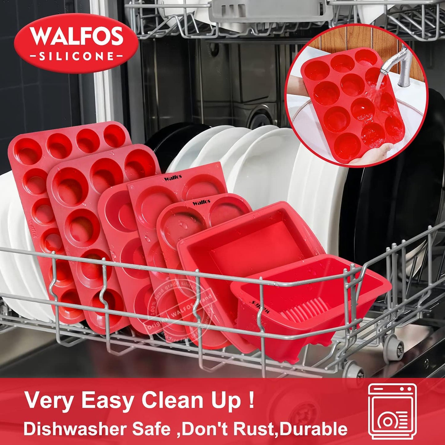 Walfos Silicone Muffin Pan - 6 Cup Non-Stick Silicone Cupcake Pan, Just PoP Out! Food Grade and BPA Free Baking Cups, Perfect for Egg Muffin, Cupcake, Dishwasher Safe (2 Pack Muffin Pan)