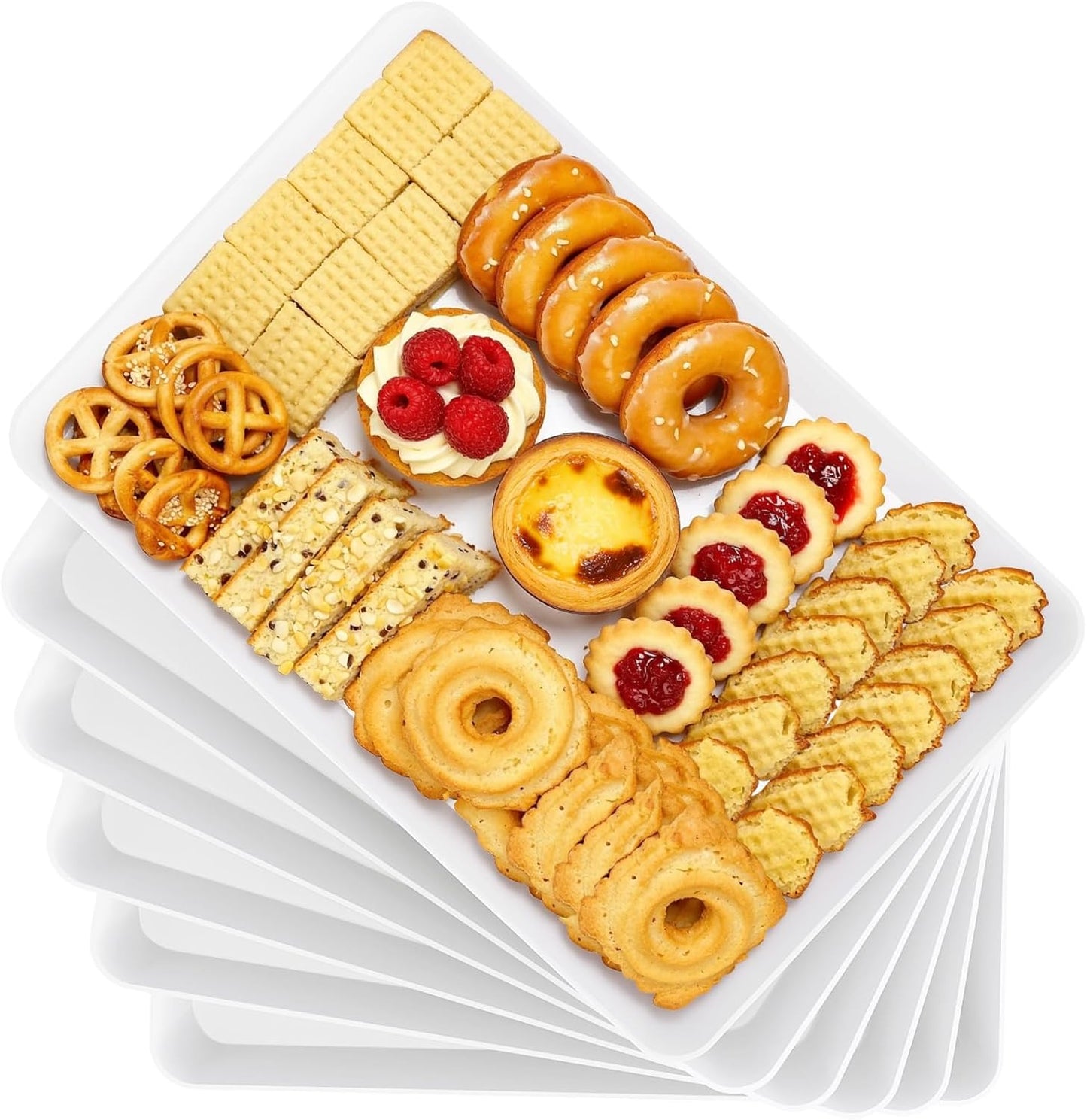 4-Pack Serving Tray, Serving Platter for Parties, Entertaining, Camping & Food Display, Reusable & Stackable Plastic Trays in Kitchen, Rectangular Food Platters for Cookie, Appetizer(White)
