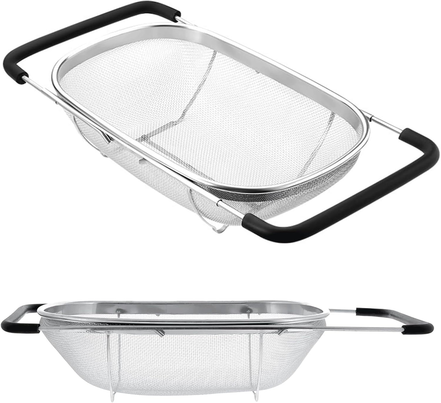 Professional-Grade Stainless Steel Colander – 6-Quart Over-Sink Expandable Strainer Basket with Non-Slip Silicone Handles, Fine Mesh Sieve for Draining Pasta, Washing Veggies, Rinsing Rice & More