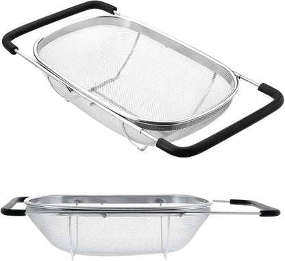 Professional-Grade Stainless Steel Colander – 6-Quart Over-Sink Expandable Strainer Basket with Non-Slip Silicone Handles, Fine Mesh Sieve for Draining Pasta, Washing Veggies, Rinsing Rice & More