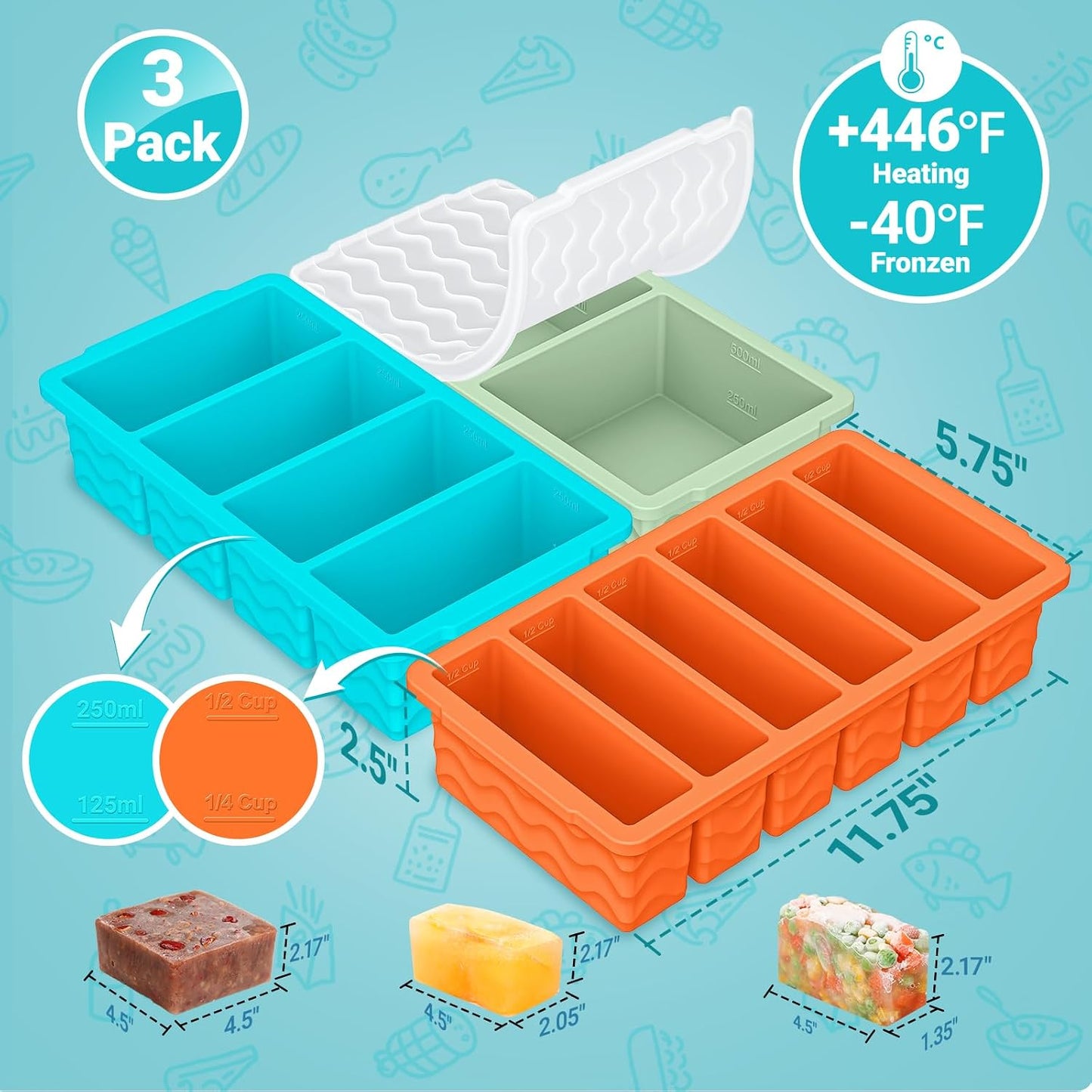 3-Pack Silicone Freezer Trays with Lid,2 Large 2-Cup(500ml)&4 Medium 1-Cup(250ml)&6 Small 1/2-Cup(125ml) Soup Freezer Container Molds,Ice Cube Tray For Meal Prep&Freezing Soup,Stews,Sauces