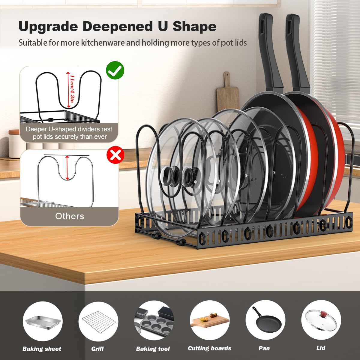 Housolution 2 Pack Pot and Pan Lid Organizer Holder Storage Rack, Black