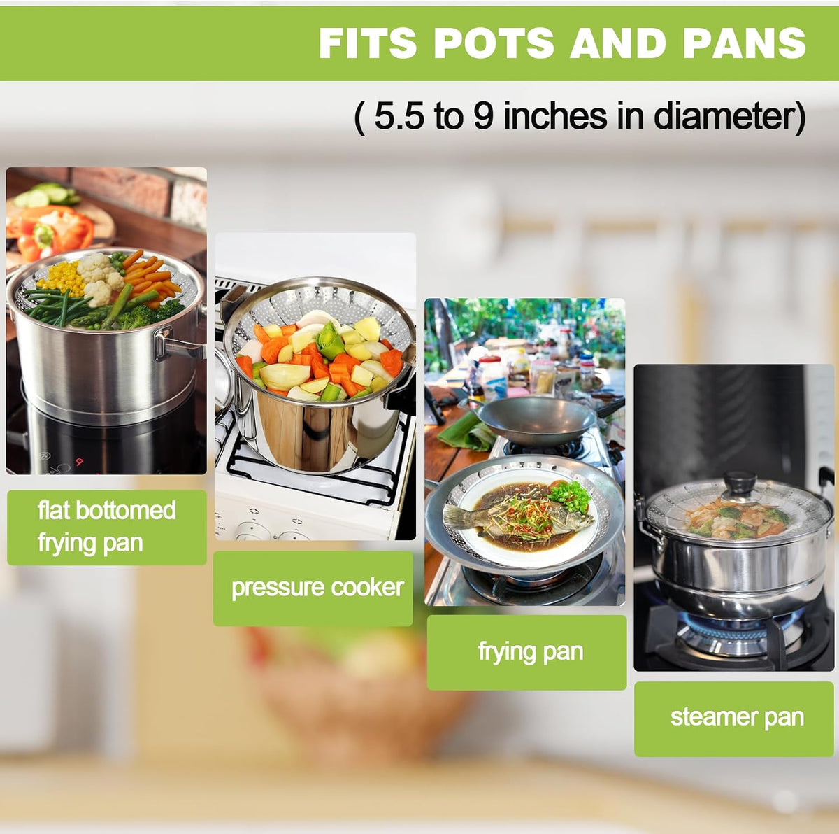 Vegetable Steamer Basket - Stainless Steel Folding Basket for Cooking, Vegetables, Fish, Pasta, Eggs, Fit Various Size Pot (5.5 inches to 9.2 inches)