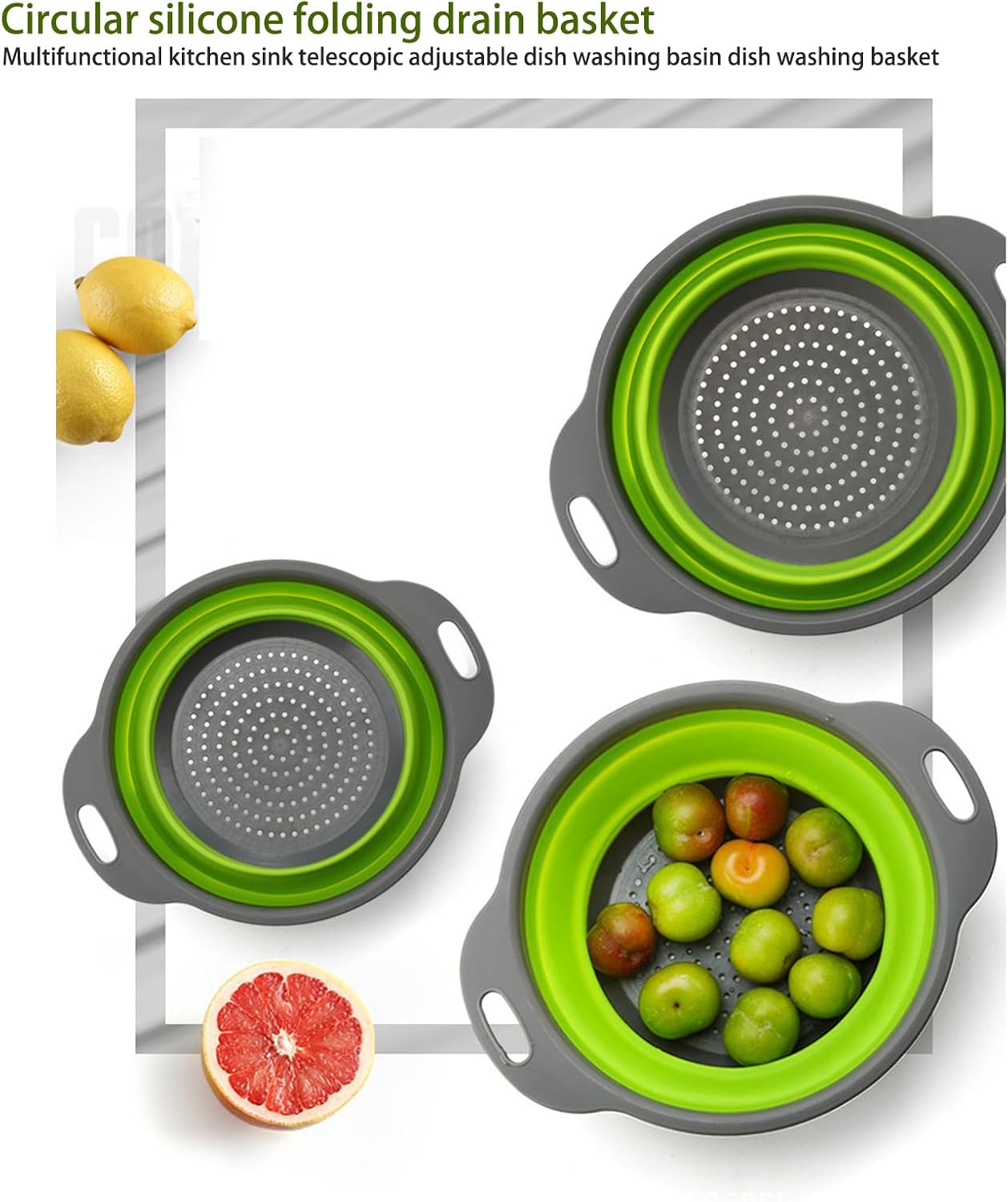 Collapsible Colander Set of 2 (1 Large + 1 Small) – Silicone Kitchen Sink Strainer & Fruit Basket, Perfect for Draining Pasta/Vegetable/Fruit, Home & Travel Essentials