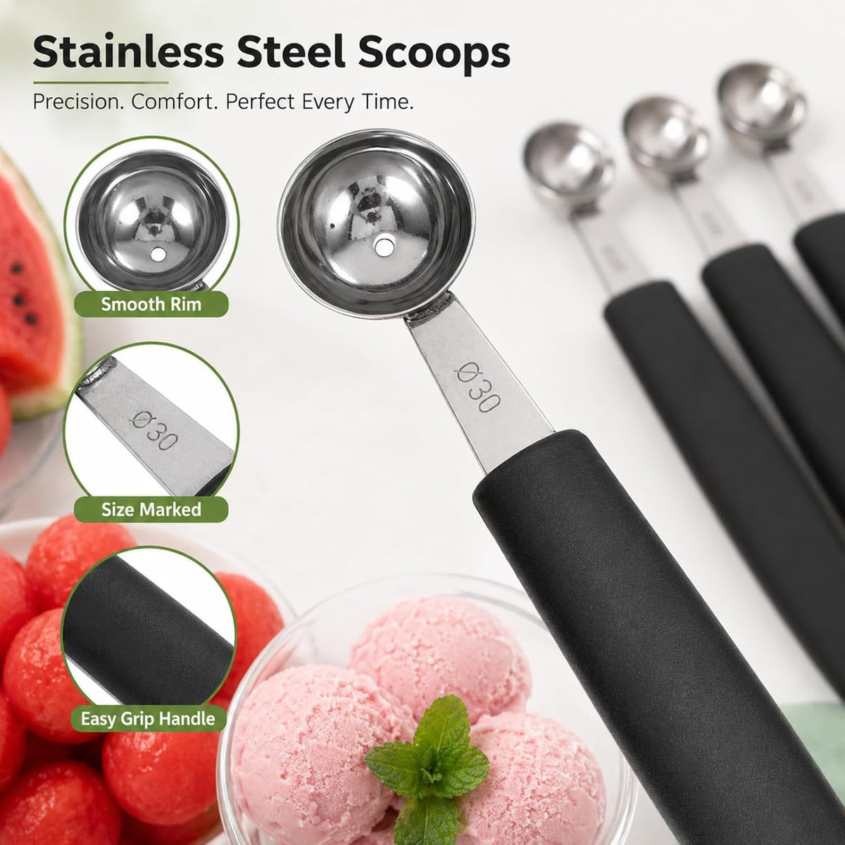 4 Pack Melon Baller Scoop Set, Stainless Steel Fruit Scoopers