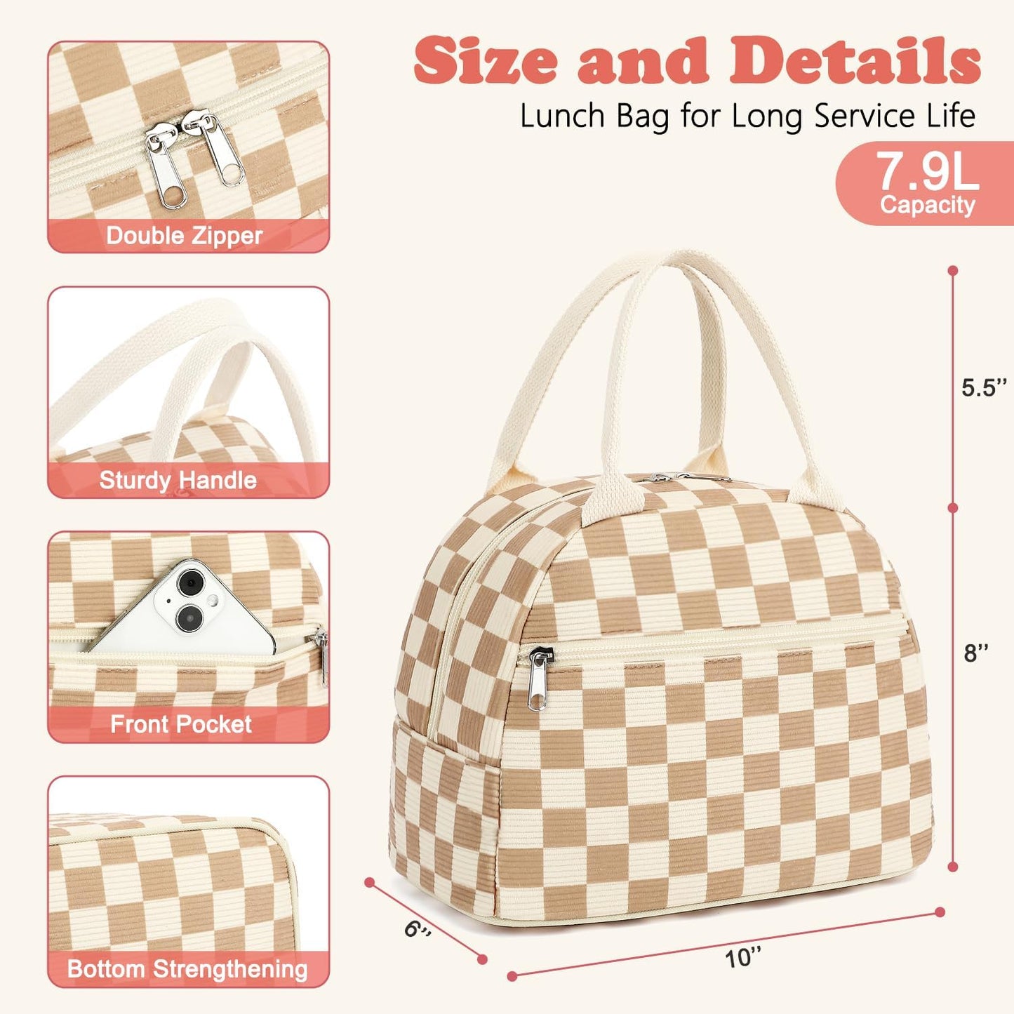 GYEUKHAM Lunch Bag Women, Lunch Box for Adult Men Kids Girls, Small Cute Lunchbox Tote Large Capacity Insulated Lunch Container Cooler for Work School Picnic Travel, Black White Stripes