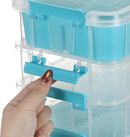 JUXYES 4-Tiers Plastic Stack Carry Storage Containers Box wih Handle Lids | Clear Stackable Latching Storage Bin With 2 Tray for School Office, Organizing Sewing, Art Craft, DIY Supplies, Blue
