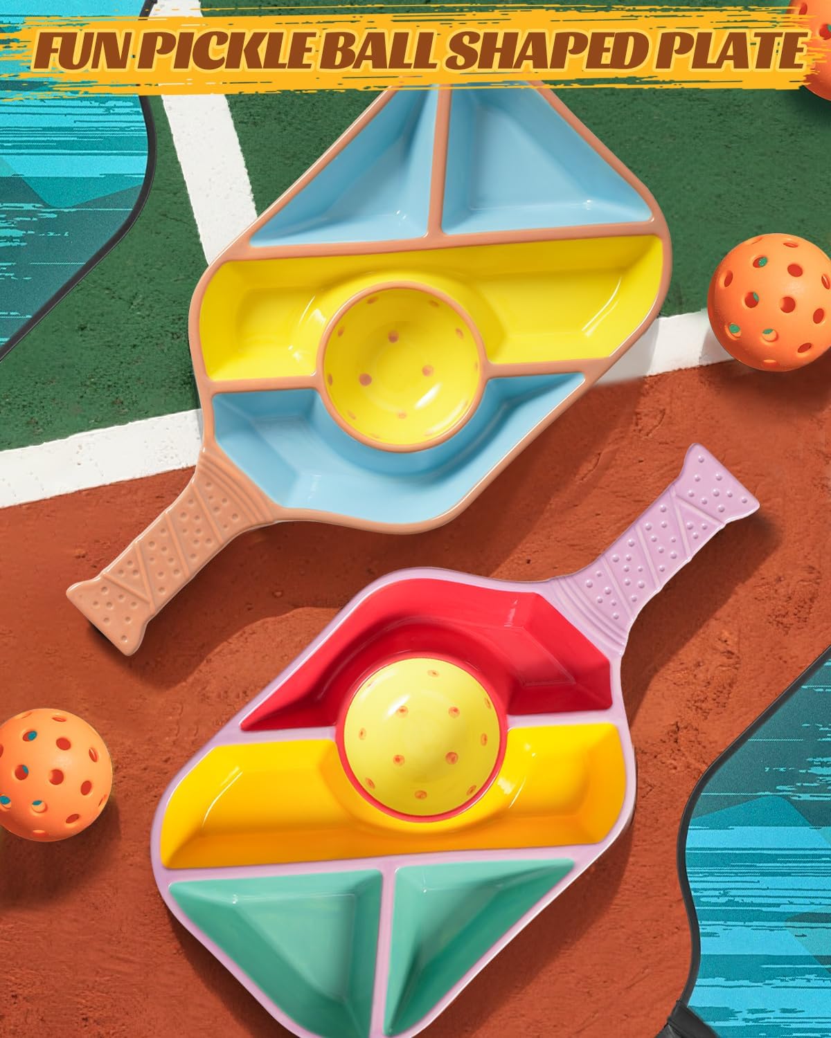 Pickleball Snack Serving Tray - Ceramic Bat Shaped Snack Platter with 5 Compartments & Dip Bowl - Fun Gift for Man & Women, Parties, Father's Day & Pickleball Accessories(Pink)