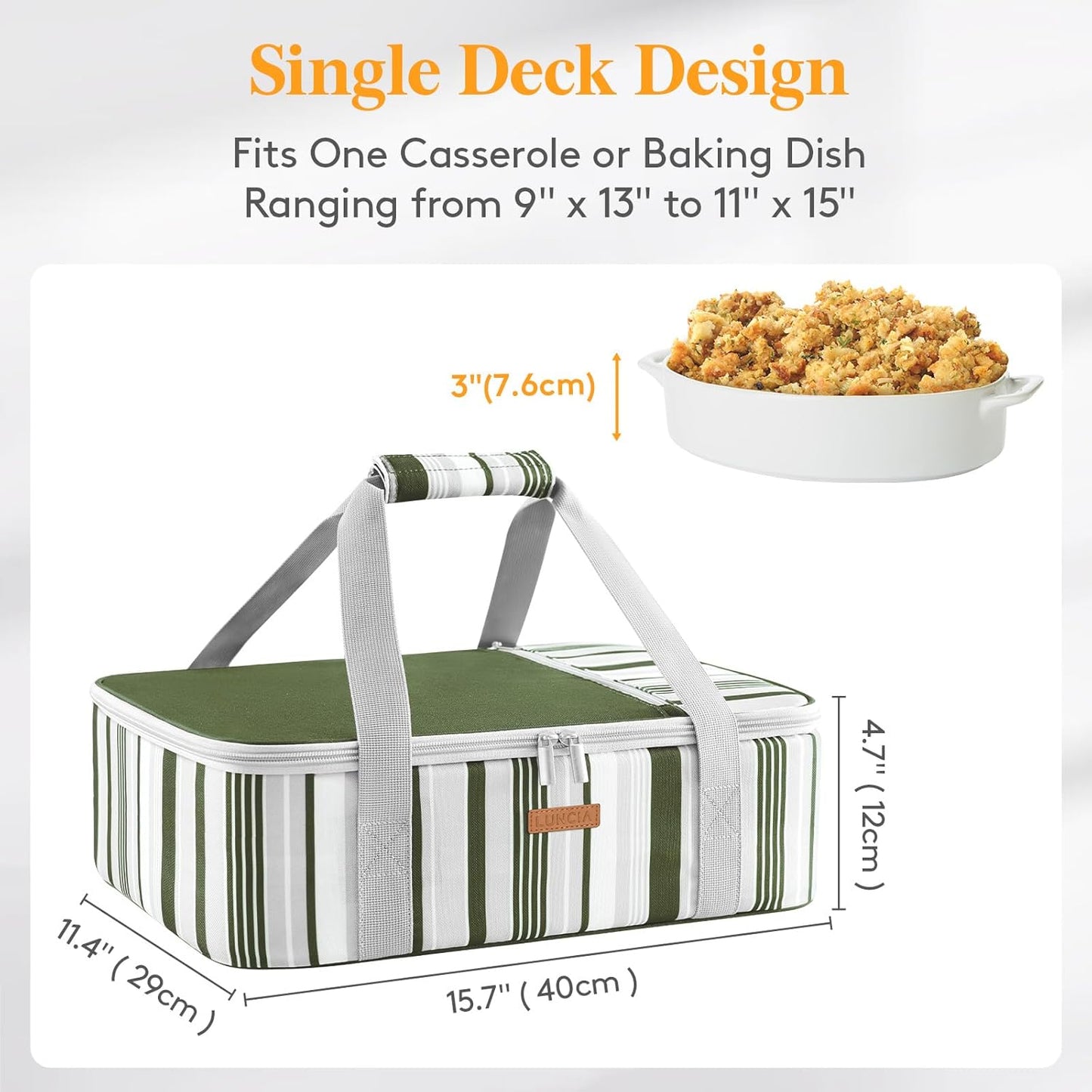 LUNCIA Insulated Single Decker Casserole Carrier, Lasagna Lugger Tote Keeps Food Hot or Cold, Thermal Lunch Bag for Potluck Parties, Picnic and Cookouts, Fits 9" x 13" Baking Dish, Black