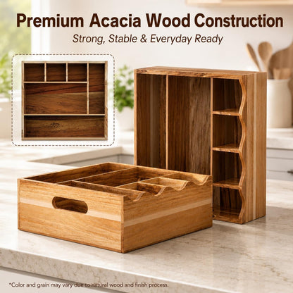 Utensil Holder & Silverware Organizer, Acacia Wood Kitchen Utensil Caddy for Countertop, 6 Compartment Paper Plate Holders & Dispenser, Wooden Cutlery Holder with Handle for Party, Natural Acacia