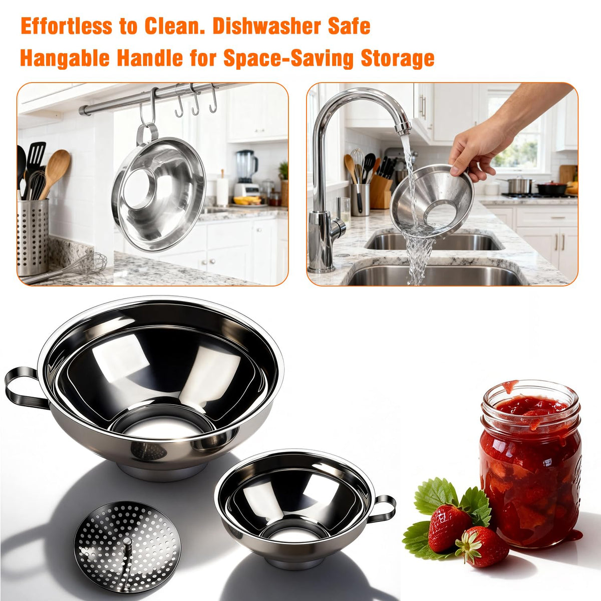 3-Piece Canning Funnel Set with Mesh Strainer - Wide & Regular Mouth Mason Jar Funnels (Large & Small) - for Kitchen, Jam, Spices, Flour & DIY - Stainless Steel