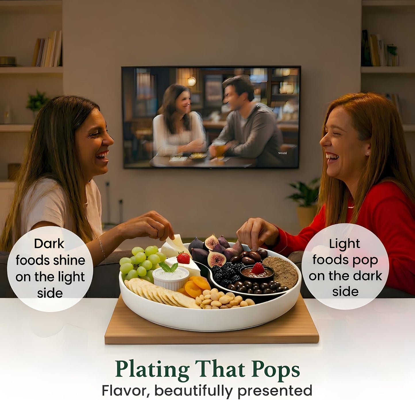 Chip and Dip Serving Tray – Yin Yang Divided Snack & Appetizer Platter with Built-In Dip Bowls, 14” Large Round Hosting Plate for Charcuterie, Fruit, Veggies & Party Snacks