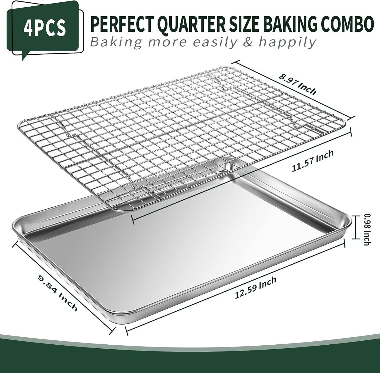 Jelly Roll Pan with Cooling Rack Set [2 Baking Pans + 2 Baking Racks], CEKEE Stainless Steel Baking Sheet Tray with Wire Rack Set, Commercial Quality, Rust Proof & Nonstick, Size 15.94 x 12 x 1 Inch