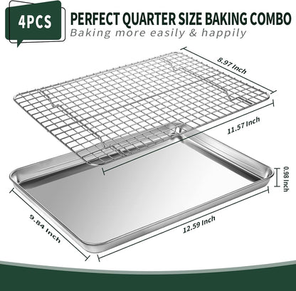 Jelly Roll Pan with Cooling Rack Set [2 Baking Pans + 2 Baking Racks], CEKEE Stainless Steel Baking Sheet Tray with Wire Rack Set, Commercial Quality, Rust Proof & Nonstick, Size 15.94 x 12 x 1 Inch