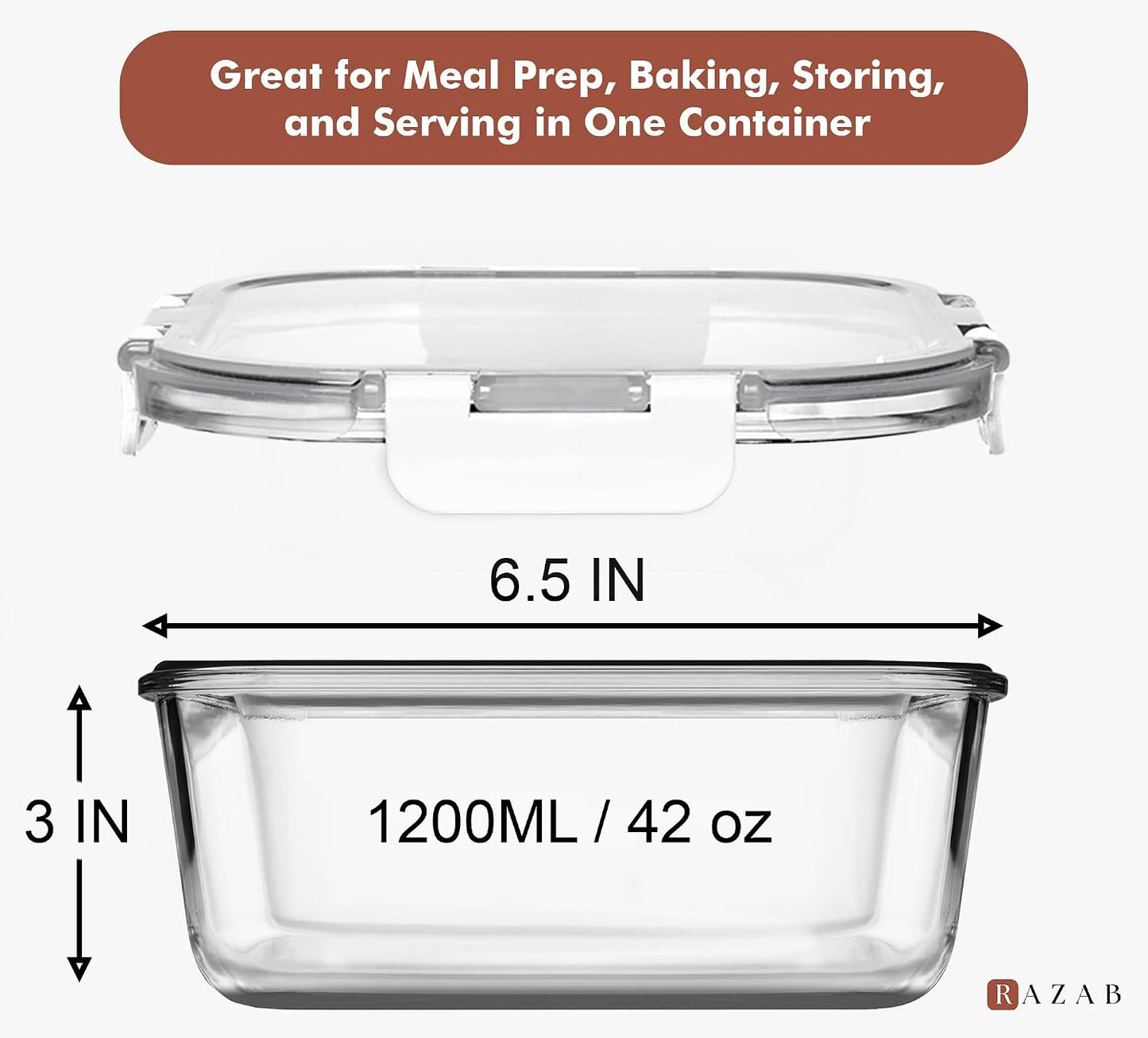 Razab 2 PC 1200ML / 41 Oz Glass Food Storage Containers with Lids - Airtight & Leakproof - Microwave/Oven/Freezer Safe - BPA Free - Ideal for Meal Prep, Storing Leftover & Lunch