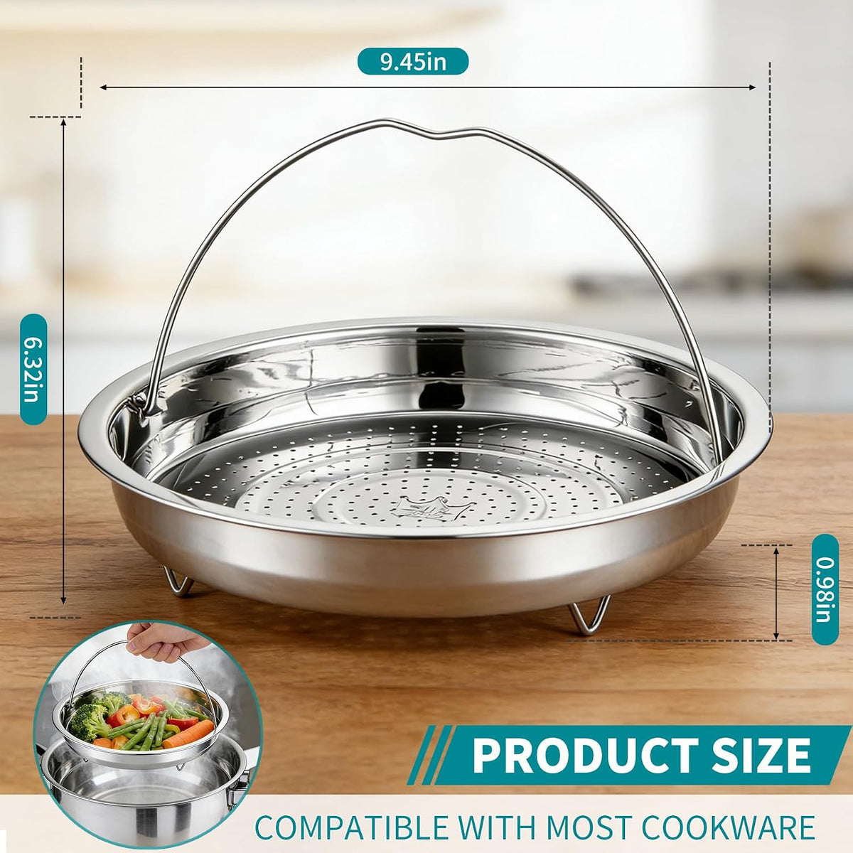 Broccoli Steamer Basket, Stainless Steel Vegetable Steamer Basket, for Steaming Food, with Foldable Handle and Stable Stand, Fine Steam Holes, Non-Rust, Ideal for Veggie and Most Pots