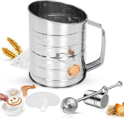 4 in1 Flour Sifter Stainless Steel, 5 Cup Flour Sifter for Baking, Sifter for Baking with Powdered Sugar Duster Set, Flour Shaker Duster for Baking Cakes, Pies, Pastries, Desserts and Cupcakes