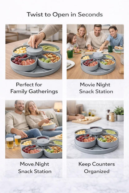 Divided Serving Tray that Spins, 5-Compartment Twist-to-Open Snack Tray with Lid, Expandable Party Platter for Fruit, Candy, Nuts, Veggies and Dips, Gray