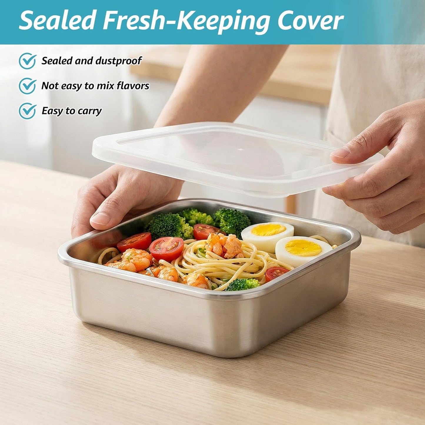 Stainless Steel Colander Set, Square Strainer with Lid for Draining Vegetable Washing Rice, 2 in 1 Strainer Bowl & Food Storage Container Food Preparation Box Bowl (1500ml)