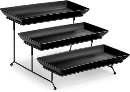 MALACASA 3 Tier Serving Trays for Party, Porcelain Serving Platters and Trays, 12 Inch Tiered Tray Stand, Fruit Tray, Trays for Serving Food, White Dessert Stand with Collapsible Sturdier Metal Rack